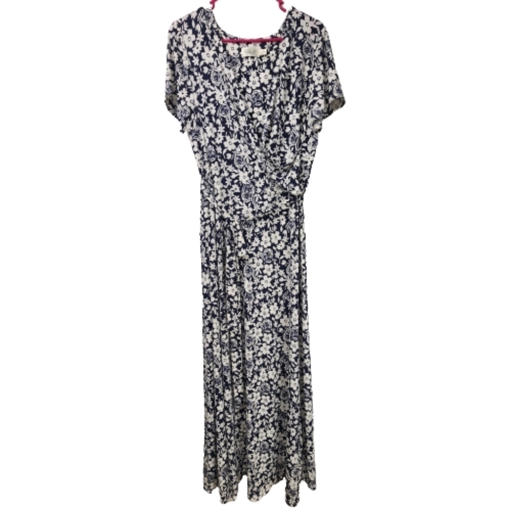 Eliza J Navy Blue And White Floral Faux Wrap Maxi Dress Size 16W